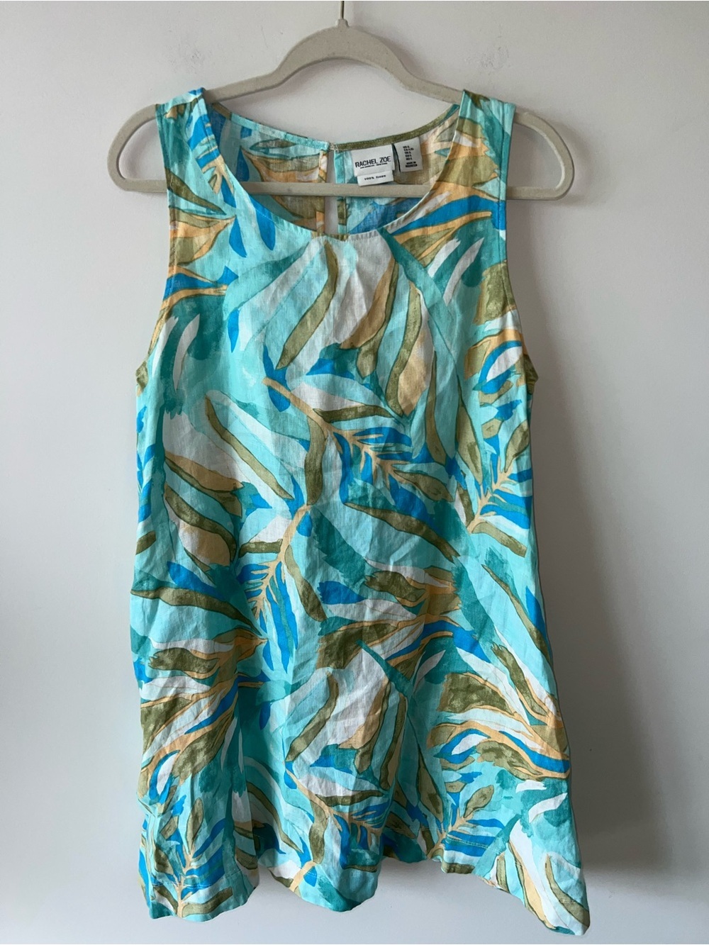Rachel Zoe 100% Linen Aqua Leaf-Print Sleeveless Mini Dress - Picture 2 of 7